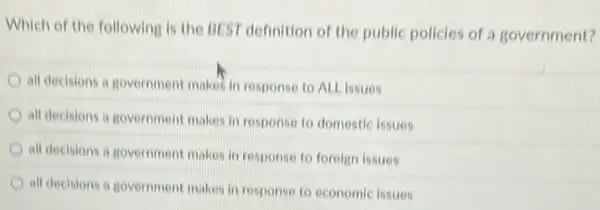 Which of the following is the BEST definition of the public policies of a government?
all decisions a government makes in response to ALL issues
all decisions a government makes in response to domestic issues
all decisions a government makes in response to foreign issues
all decisions a government makes in response to economic issues