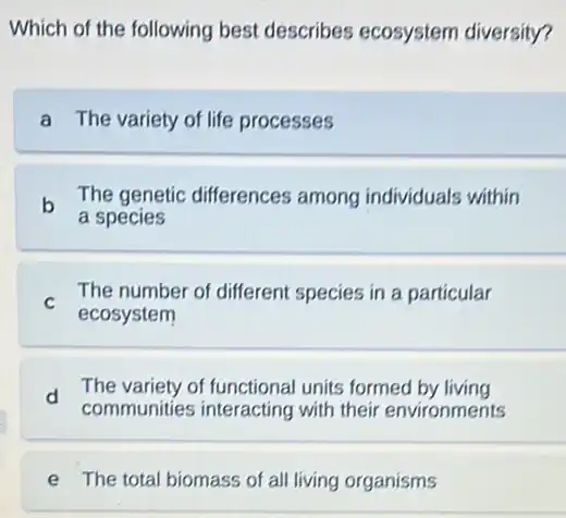 Which of the following best describes ecosystem diversity?
a The variety of life processes
b
The genetic differences among individuals within
a species
C
The number of different species in a particular
ecosystem
d
The variety of functiona units formed by living
communities interacting with their environments
e The total biomass of all living organisms