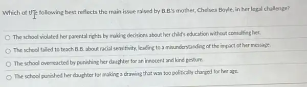 Which of the following best reflects the main issue raised by B.B's mother, Chelsea Boyle, in her legal challenge?
The school violated her parental rights by making decisions about her child's education without consulting her.
The school failed to teach B.B. about racial sensitivity, leading to a misunderstanding of the impact of her message.
The school overreacted by punishing her daughter for an innocent and kind gesture.
The school punished her daughter for making a drawing that was too politically charged for her age.