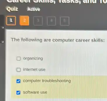 The following are computer career skills:
organizing
internet use
computer troubleshooting
software use