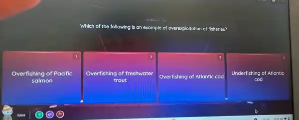 Which of the following is an example of overexploitation of fisheries?
Overfishing of Pacific
salmon
square 
2
Overfishing of freshwater
square 
3
tic cod
Underfishing of Atlantic
cod