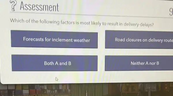 Which of the following factors is most likely to result in delivery delays?
Forecasts for inclement weather
Road closures on delivery route
Both A and B
Neither A nor B