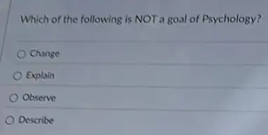 Which of the following is NOT a goal of Psychology?
Change
Explain
Observe
Describe