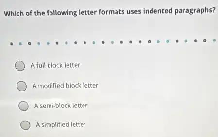 Which of the following letter formats uses indented paragraphs?
A full block letter
A modified block letter
A semi-block letter
A simplified letter