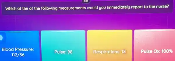 Which of the of the following measurements would you immediately report to the nurse?
Blood Pressure:
112/36
Pulse: 98
Respirations: 18
Pulse Ox: 100%