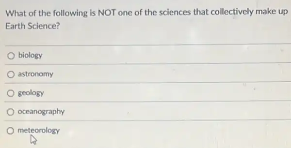 What of the following is NOT one of the sciences that collectively make up
Earth Science?
biology
astronomy
geology
oceanography
meteorology