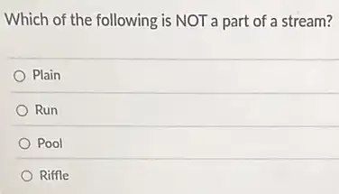 Which of the following is NOT a part of a stream?
Plain
Run
Pool
Riffle