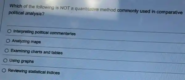 Which of the following is NOT a quantitative method commonly used in comparative
political analysis?
Interpreting political commentaries
Analyzing maps
Examining charts and tables
Using graphs
Reviewing statistical Indices