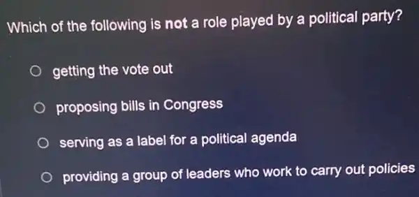 Which of the following is not a role played by a political party?
getting the vote out
proposing bills in Congress
serving as a label for a political agenda
providing a group of leaders who work to carry out policies