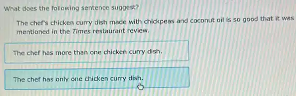 What does the following sentence suggest?
The chef's chicken curry dish made with chickpeas and coconut oil is so good that it was
mentioned in the Times restaurant review.
The chef has more than one chicken curry dish.
The chef has only one chicken curry dish.