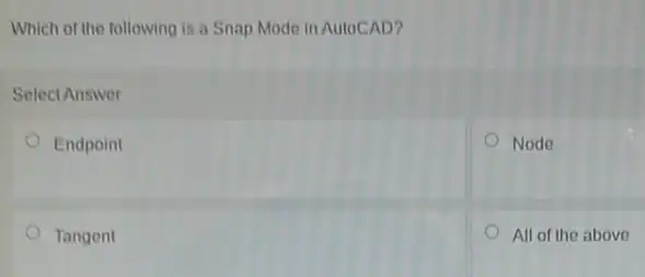 Which of the following is a Snap Mode in AutoCAD?
Selec Answer
Endpoint
Node
Tangent
All of the above