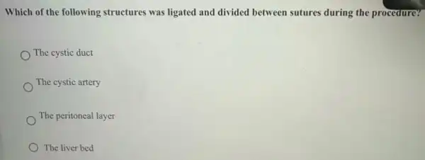 Which of the following structures was ligated and divided between sutures during the procedure?
The cystic duct
The cystic artery
The peritoneal layer
The liver bed