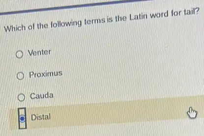 Which of the following terms is the Latin word for tail?
Venter
Proximus
Cauda
G
Distal