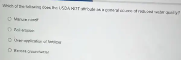 Which of the following does the USDA NOT attribute as a general source of reduced water quality?
Manure runoff
Soil erosion
Over-application of fertilizer
Excess groundwater