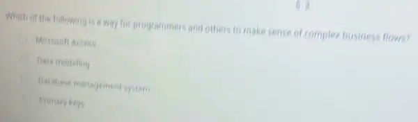 Which of the following is a way for programmers and others to make sense of complex business flows?
Microsoft Arress
Data modeling
Database management system
Primary keys