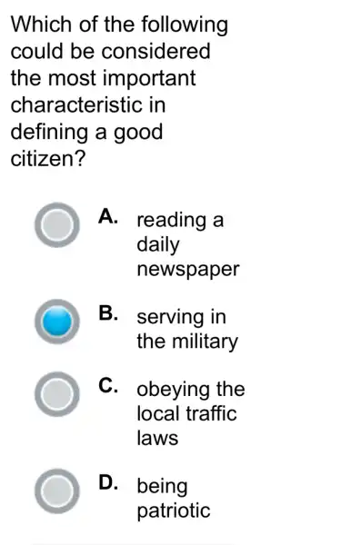 Which of the following
could be considered
the most important
characteristic in
defining a good
citizen?
A. reading là
daily
newspaper
D B. serving in
the military
C. obeying the
local traffic
laws
D. being
patriotic