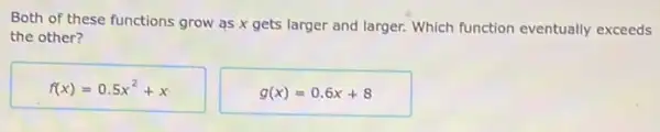 Both of these functions grow as x gets larger and larger. Which function eventually exceeds
the other?
f(x)=0.5x^2+x
g(x)=0.6x+8