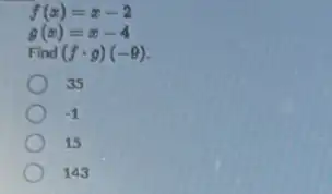 f(x)=x-2
g(x)=x-4
Find (fcdot g)(-9)
35
-1
15
143