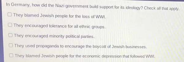 In Germany, how did the Nazi government build support for its ideology ? Check all that apply.
They blamed Jewish people for the loss of wwl.
D They encouraged tolerance for all ethnic groups.
They encouraged minority political parties.
D They used propaganda to encourage the boycott of Jewish businesses.
They blamed Jewish people for the economic depression that followed WWI.