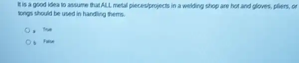 It is a good idea to assume that ALL metal pieces/projects in a welding shop are hot and gloves, pliers,or
tongs should be used in handling thems.
True
b False