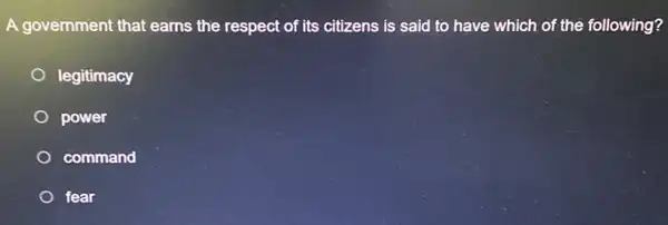 A government that earns the respect of its citizens is said to have which of the following?
legitimacy
power
command
fear