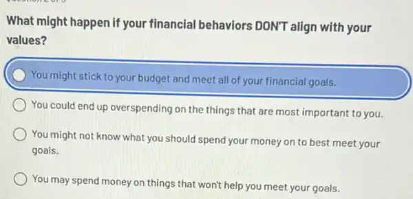 What might happen if your financial behaviors DON'T align with your
values?
You might stick to your budget and meet all of your financial goals.
You could end up overspending on the things that are most important to you.
You might not know what you should spend your money on to best meet your
goals.
You may spend money on things that won't help you meet your goals.