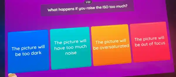 What happens if you raise the ISO too much?
The picture will
be too dark
The picture will
have too much
noise
square 
The picture will
The picture will
be out of focus