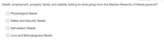 Health, employment, property, family and stability belong to what group from the Maslow Hierarchy of Needs pyramid?
Physiological Needs
Safety and Security Needs
Self-esteem Needs
Love and Belongingness Needs