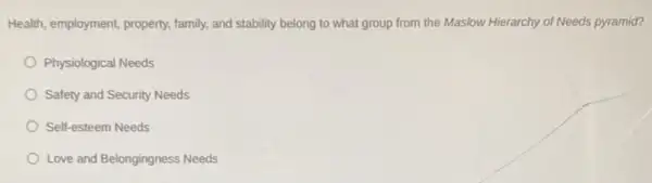 Health, employment, property.family, and stability belong to what group from the Maslow Hierarchy of Needs pyramid?
Physiological Needs
Safety and Security Needs
Self-esteem Needs
Love and Belongingness Needs
