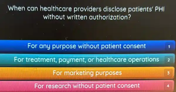 When can healthcare providers disclose patients' PHI
without written authorization?
For any purpose without patient consent
For treatment payment,or healthcare operations
2
For marketing purposes
For research without patient consent
1