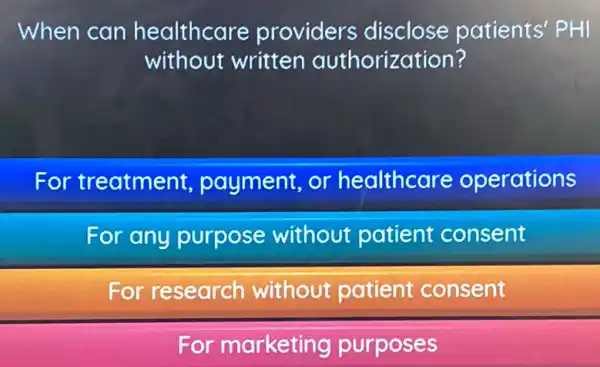 When can healthcare providers disclose patients' PHI
without written authorization?
For treatment,payment,or healthcare operations
For any purpose without patient consent
For research without patient consent
For marketing purposes