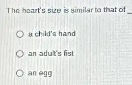 The heart's size is similar to that of __
a child's hand
an adult's fist
an egg