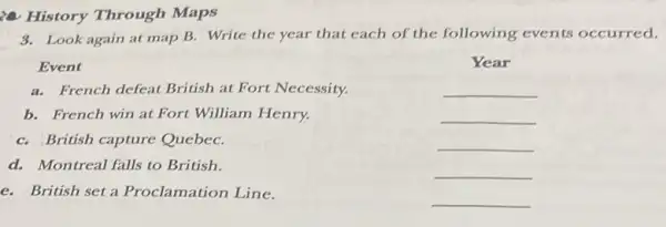 History Through Maps
3. Look again at map B. Write the year that each of the following events occurred.
Year
__
__
__
Event
a. French defeat British at Fort Necessity.
b. French win at Fort William Henry.
C. British capture QuebeC.
d. Montreal falls to British.
e. British set a Proclamation Line.
__
__