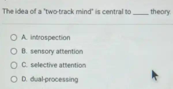 The idea of a "two-track mind" is central to __ theory.
A. introspection
B. sensory attention
C. selective attention
D. dual-processing