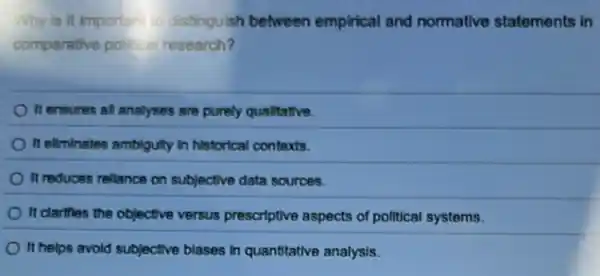 Why is it importan to distinguish between empirical and normative statements in
comparative polical research?
It ensures all analyses are purely qualitative.
It ellminstes ambiguity in historical contexts.
It reduces rellance on subjective data sources.
It clarifles the objective versus prescriptive aspects of political systems.
It helps avoid subjective blases in quantitative analysis.