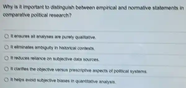 Why is it important to distinguish between empirical and normative statements in
comparative political research?
It ensures all analyses are purely qualitative.
It eliminates ambiguity in historical contexts
It reduces rellance on subjective data sources
It clarifies the objective versus prescriptive aspects of political systems.
It helps avoid subjective blases in quantitative analysis