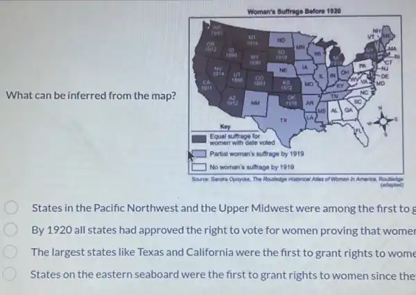 What can be inferred from the map?
square 
square 
square 
States in the Pacific Northwest and the Upper Midwest were among the first to g
By 1920 all states had approved the right to vote for women proving that womer
The largest states like Texas and California were the first to grant rights to wome
States on the eastern seaboard were the first to grant rights to women since the