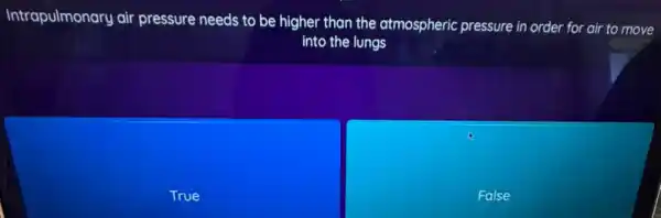 Intrapulmonary air pressure needs to be higher than the atmospheric pressure in order for air to mov into the lungs
True
False