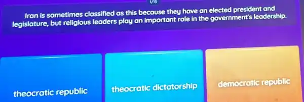 Iran is sometimes classified as this because they have an elected president and
legislature, but religious leaders play an important role in the governments leadership.
theocratic republic
theocratic : dictotorship
democratic republic