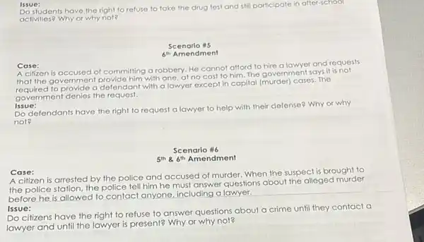 Issue:
Do students have the right to refuse to take the drug test and still participate in after-school
activities? Why or why not?
Scenario #5
6 in Amendment
Case:
A citizen is accused of committing a robbery He cannot afford to hire a lawyer and requests
that the government provide him with one, at no cost to him.The government says it is not
that the to provide a defendant with a lawyer except in capital (murder) cases. The
government denies the request.
Issue:
Do defendants have the right to request a lawyer to help with their defense? Why or why
not?
Scenario #6
5th 8.6th Amendment
Case:
A citizen is arrested by the police and accused of murder. When the suspect is brought to
the police station, the police tell him he must answer questions about the alleged murder
before he is allowed to contact anyone, including a lawyer.
Issue:
Do citizens have the right to refuse to answer questions about a crime until they contact a
lawyer and until the lawyer is present? Why or why not?