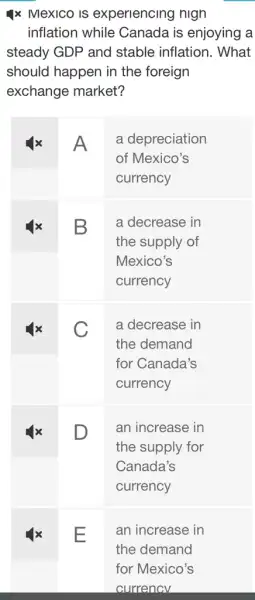 Ix Mexico is experiencing nign
inflation while Canada is enjoying la
steady GDP and stable inflation.. What
should happen in the foreign
exchange market?
A
square 
a depreciation
of Mexico's
currency
B
square 
a decrease in
the supply of
Mexico's
currency
C
square 
a decrease in
the demand
for Canada's
currency
D
square 
an increase in
the supply for
Canada's
currency
an increase in
the demand
for Mexico's
currency