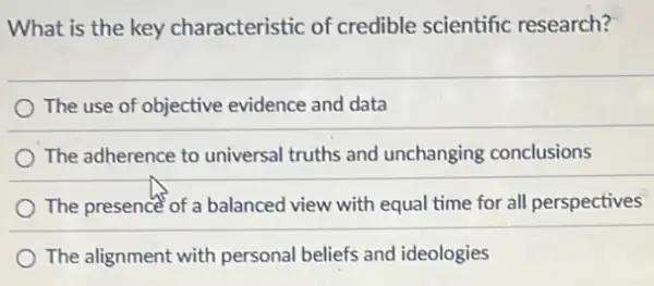 What is the key characteristic of credible scientific research?
The use of objective evidence and data
The adherence to universal truths and unchanging conclusions
The presence of a balanced view with equal time for all perspectives
The alignment with personal beliefs and ideologies