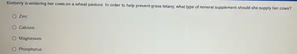 Kimberly is wintering her cows on a wheat pasture. In order to help prevent grass tetany, what type of mineral supplement should she supply her cows?
Zinc
Calcium
Magnesium
Phosphorus