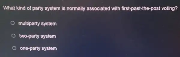What kind of party system is normally associated with first-past-the-post voting?
multiparty system
two-party system
one-party system