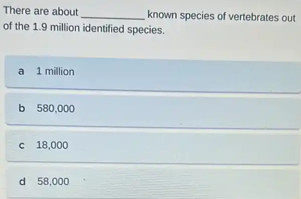 There are about __ known species of vertebrates out
of the 1.9 million identified species.
a 1 million
b 580,000
c 18,000
d 58,0 oo