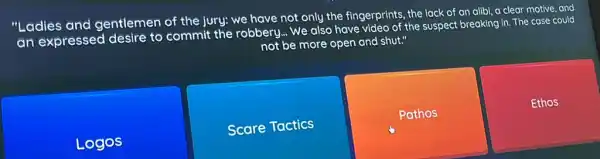 "Ladies and gentlemen of the jury:we have not only the fingerprints, the lack of an alibi, a clear motive, and
an expressec I desire to commit the robbery... We also have video of the suspect breaking in. The case could
not be more open and shut."
Logos
Scare Tactics
Pathos
Ethos