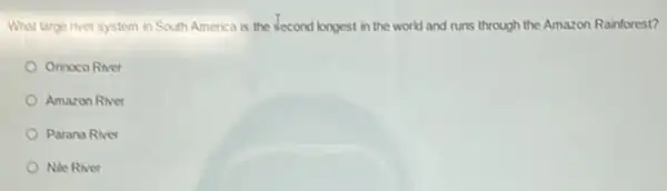 What large river system in South America is the second longest in the world and runs through the Amazon Rainforest?
Orinoco River
Amazon River
Parana River
Nile River