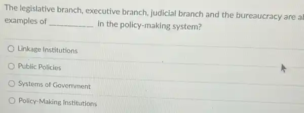 The legislative branch executive branch judicial branch and the bureaucracy are al
examples of __ in the policy-making system?
Linkage Institutions
Public Policies
Systems of Government
Policy-Making Institutions