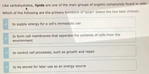 Like carbohydrates lipids are one of the main groups of organic compounds found in cells.
Which of the following are the primary functions of lipids? Select the two best choices.
to supply energy for a cell's immediate use
to form cell membranes that separate the contents of cells from the
environment
to control cell processes, such as growth and repair
to be stored for later use as an energy source