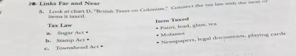 Links Far and Near
Look at chart D "British Taxes on Colonists - Connect the tax law with the item or
items it taxed.
Tax Law
a. Sugar Act
b. Stamp Act
c.Townshend Act
Item Taxed
- Paint, lead, glass, tea
- Molasses
- Newspapers, legal documents, playing cards